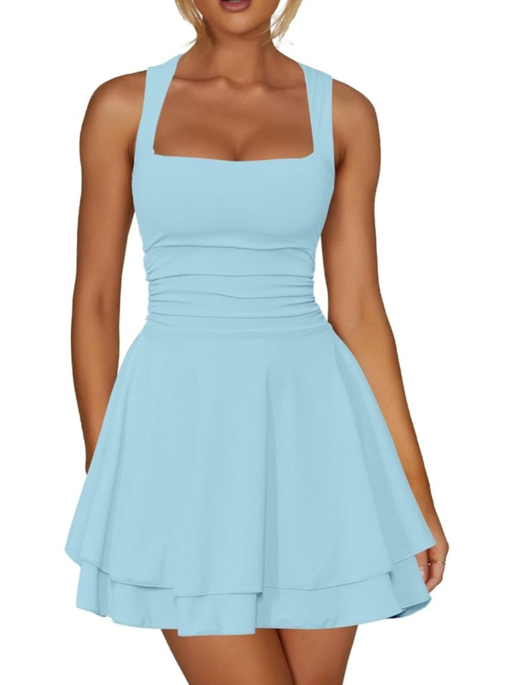 Women's Baby Blue Square Neck Ruffle Hem Ruched Waist Short Pull On Mini Dress
